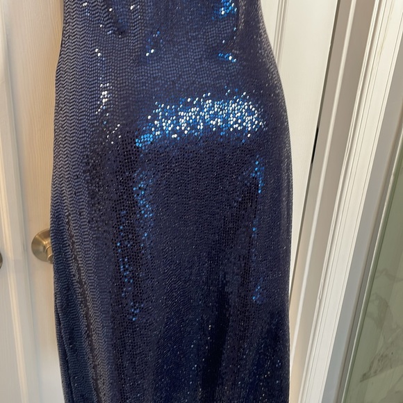 BEBE NAVY BLUE SPARKLY MOCK NECK HALTER DISCO DOT BODYCON MIDI DRESS SIZE M NWOT - Picture 12 of 13